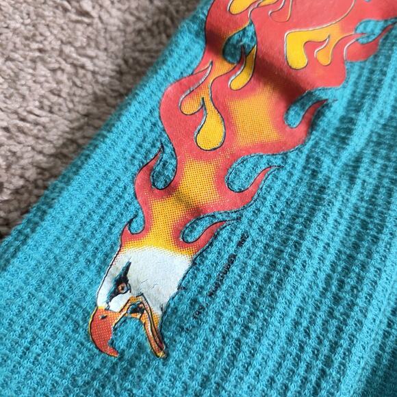Vintage 90s Harley Davidson Teal Thermal Waffle Knit Top XL Flames Eagle 1993 - Picture 3 of 13